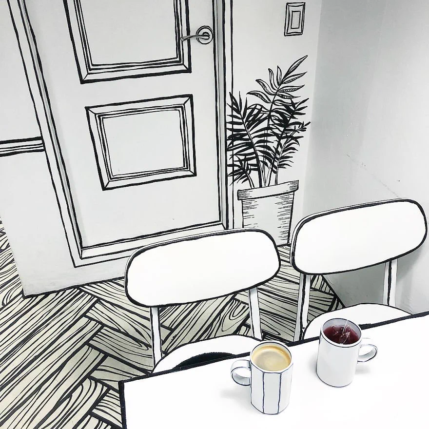 何これwww目の錯覚がすごい！漫画に入り込んだ気分になるカフェwww