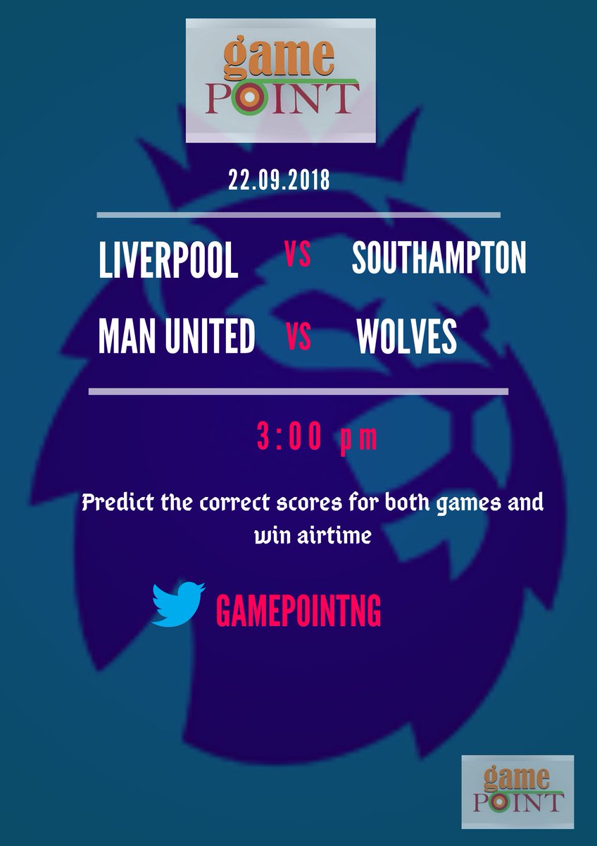 GamePointNG's tweet photo. Predict and win airtime of your choice this weekend. Follow @GamePointNG Predict the scores on the games using the #Gamepointng.

Prediction ends at kick off. Goodluck✌ https://t.co/7W5AevZLnh
