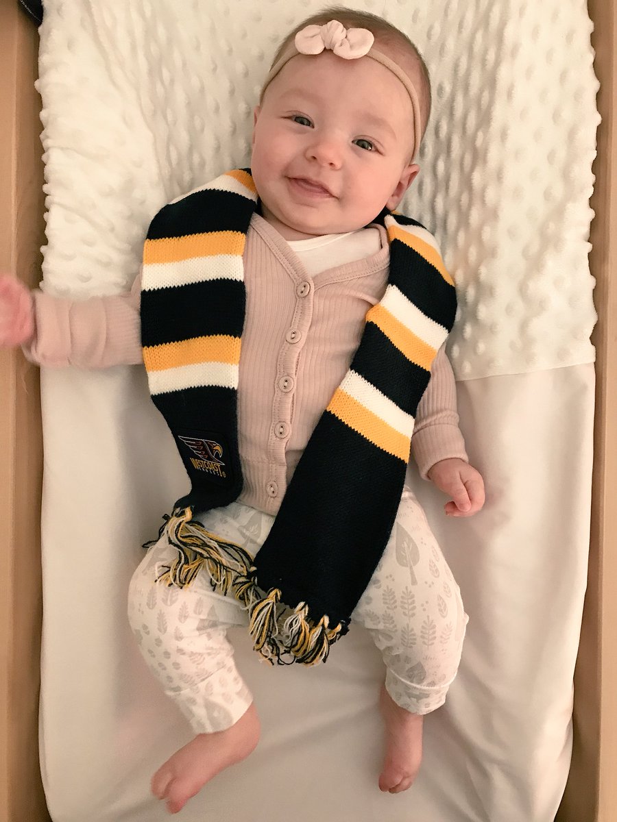 SarahD_10's tweet photo. My little munchkin is very happy - four months old and gets to see a grand final appearance already 💙💛😍 @WestCoastEagles #AFLEagelsDees https://t.co/f1UWVhHReM