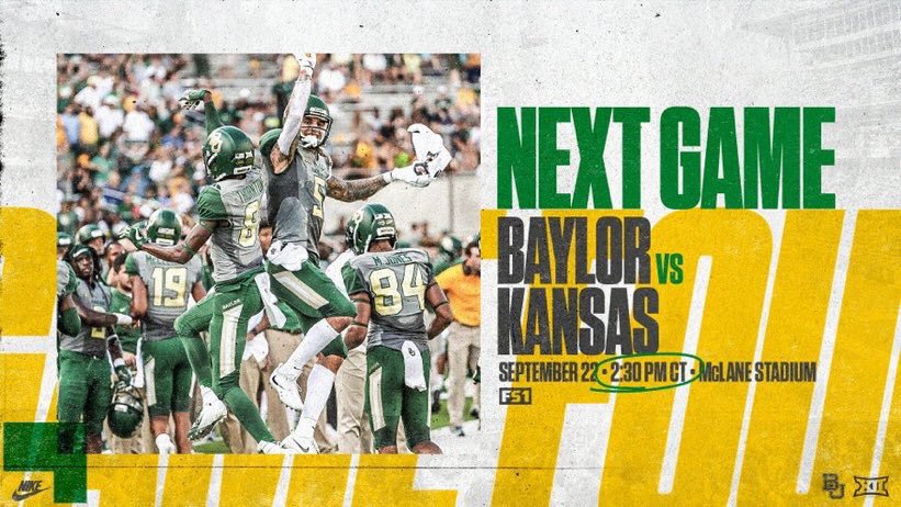 geauxgreen's tweet photo. Itโs Game Day ! See you @ the BEARWALK.
NOON
Support OUR Team!
#BUunified, #BUthere, #SicKU, #BUproud
Baylor vs. Kansas
Saturday, September 22
10:30 a.m. - 1:30 p.m. Tailgate
2:30 p.m. Game Time https://t.co/OlDlB36LxX