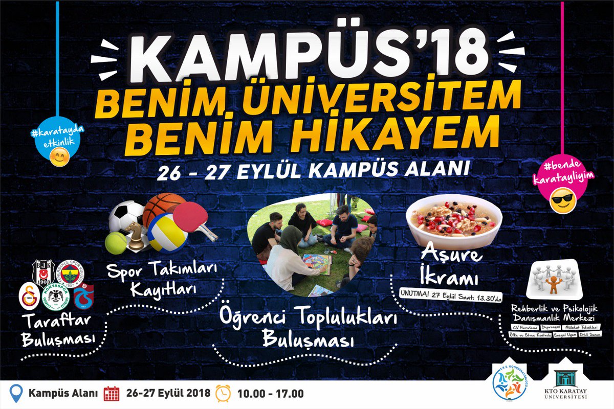 Başlıyoruz!!!
Grafik Tasarım Topluluğu medya desteğiyle hazırlanan 'Kampüs'18 Benim Üniversitem Benim Hikayem'  etkinliğiyle; yeni hikayeler yazmak için 
Sende HAZIR MISIN KTOKARATAYLI? 😎😊
@bayramsade @KTOKarataySKS @ktokaratay @konyakultur @bieglencee @iha_konya