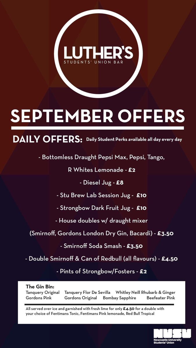 LuthersBar's tweet photo. September drinks offers! @NewcastleSU https://t.co/p54o3Gi0JA