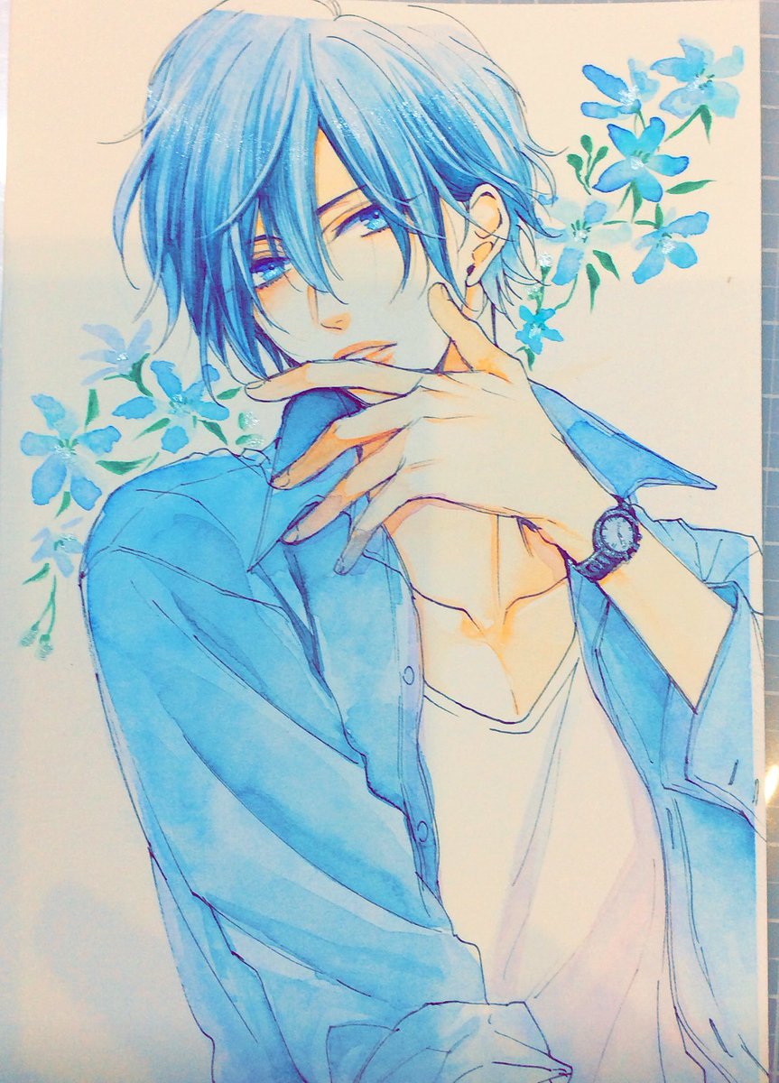 1boy male focus blue eyes shirt blue hair solo watch  illustration images