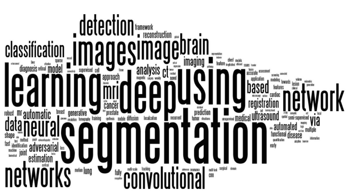ja_schnabel's tweet photo. Here once again the #MICCAI2018 @miccai2018 word cloud of submitted paper titles, now compared against 5 years ago at @miccai2013 in Nagoya (courtesy of Ken Mori @kensakum)
2018: "Image segmentation using deep learning”
2013: "Image segmentation and registration in brain MRI” https://t.co/gw3zQwb2fQ