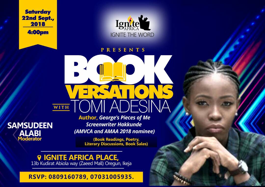 IgniteAfricaLF's tweet photo. #Bookversations with Tomi Adesina happening later today. We can't wait! https://t.co/RPPn5SThZZ