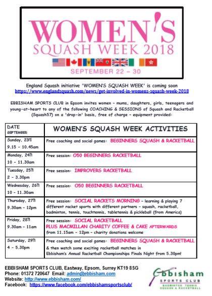 It's Women's Squash week! #WSWeek18 <a href="/englandsr/">England Squash</a> Take a look at our FREE squash and racketball activities taking place throughout this week. All equipment provided. <a href="/ThisGirlCanUK/">This Girl Can</a>
