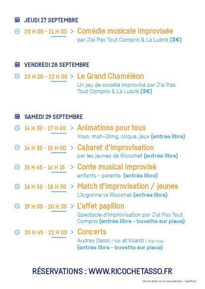 Du 27 au 29 septembre, <a href="/ricochetasso/">Association Ricochet</a> s'improvise à <a href="/VilleduBouscat/">Ville du Bouscat</a> avec <a href="/JPTC_impro/">JaiPasToutCompris</a> &amp; #LaLubrik #spectacles #improvisation #concert #animations