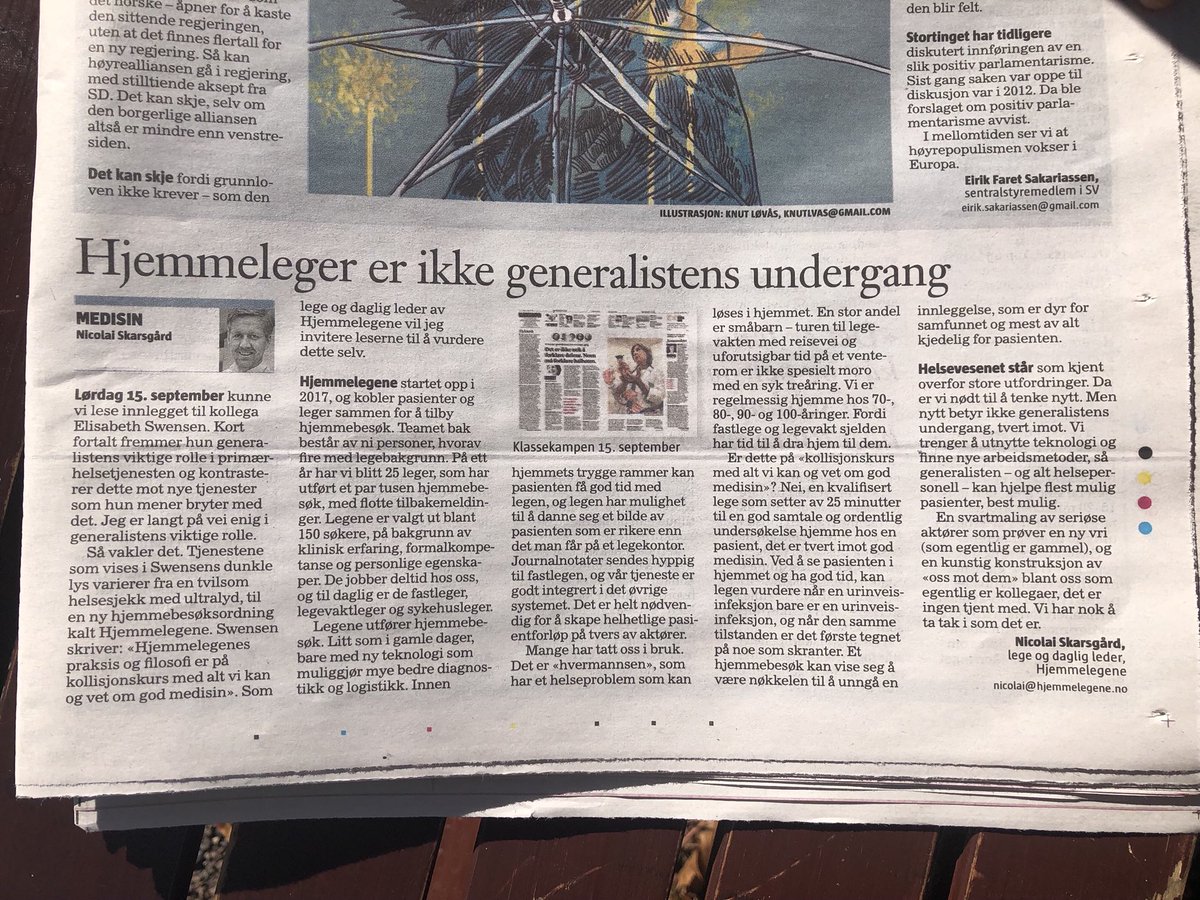 «Vi trenger å utnytte teknologi og finne nye arbeidsmetoder, så generalisten - og alt helsepersonell - kan hjelpe flest mulig pasienter, på best måte» 📰 Viktig #debatt i <a href="/Klassekampen/">Klassekampen</a> <a href="/DagensMedisin/">Dagens Medisin</a> <a href="/NorwayHealthTec/">Norway Health Tech</a> <a href="/IKTNorge/">IKT-Norge</a> @ehealthNORWAY <a href="/DNavis/">Navis D S</a> @evagrinde @NRKDebatt