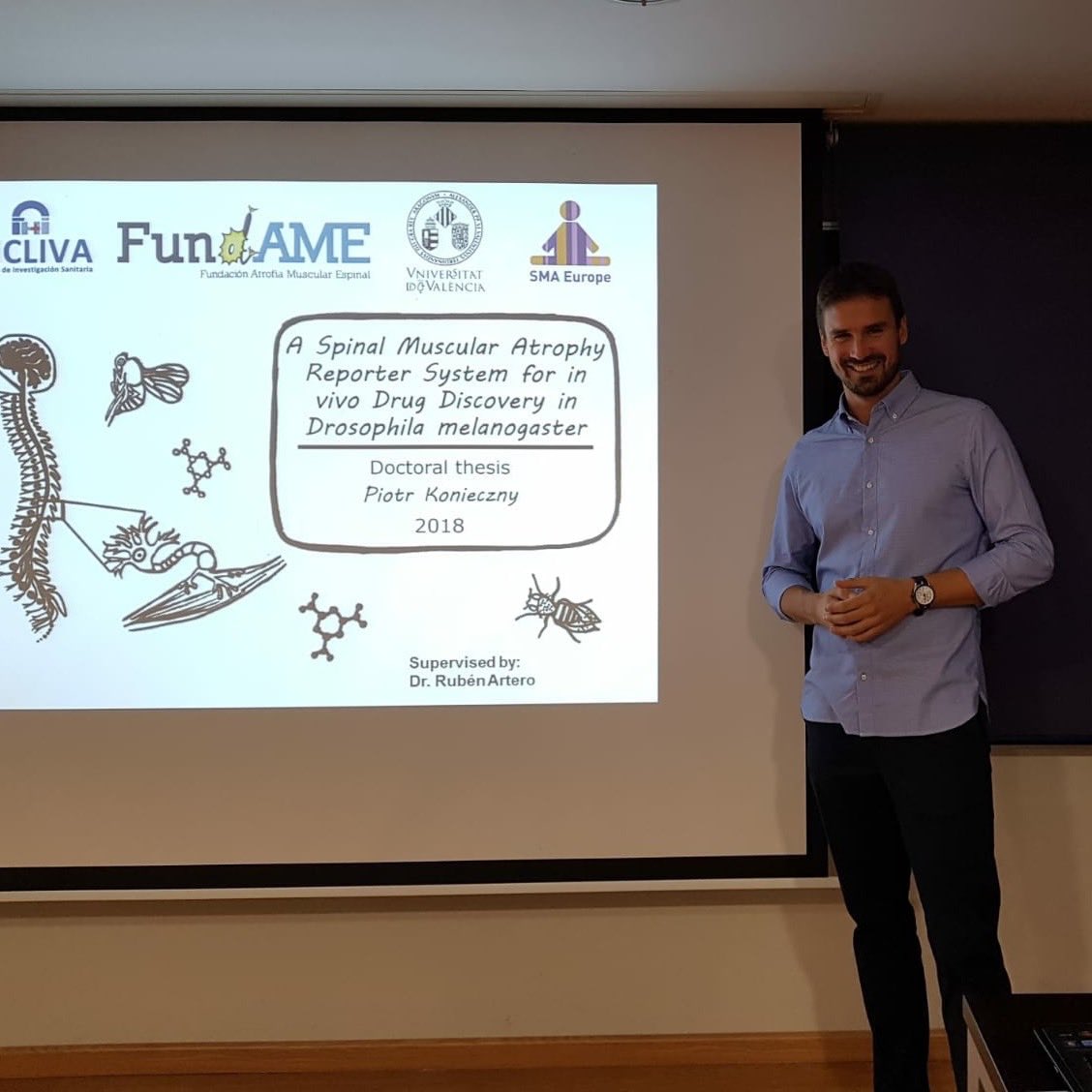 Congratulations Dr. Piotr Konieczny after a successful defense of his doctoral thesis titled 'A Spinal Muscular Atrophy Reporter System for in vivo Drug Discovery in Drosophila melanogaster'
#spinalmuscularatrophy #drosophila #drugdiscovery #universidaddevalencia #genomics