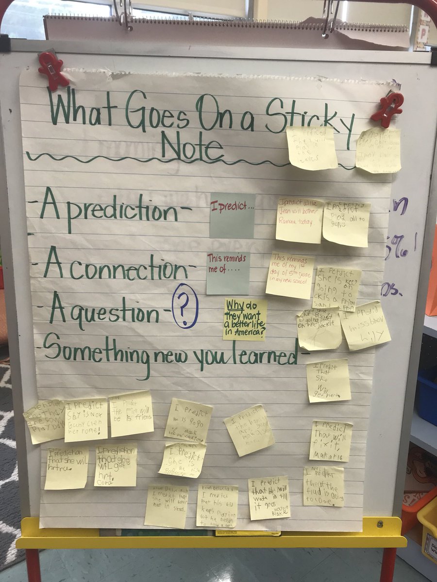 suelbi03's tweet photo. During independent reading time, 2G wrote predictions about their reading using sticky notes. We shared them on the document camera! #lehsd https://t.co/tkSIYL8jbN