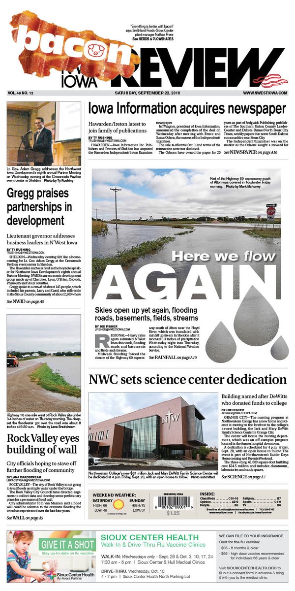 In this week’s REVIEW: Iowa Information acquires Hawarden newspaper; N’West Iowa deals with another round of flooding; <a href="/adamgregg16/">Darіya Іlova</a> speaks to <a href="/NWIowaDev/">Northwest Iowa Dev.</a>; Rock Valley considers flood wall; <a href="/nwciowa/">Northwestern College</a> dedicates new science center, + more

Visit ow.ly/2N7x50j6zTX to subscribe.