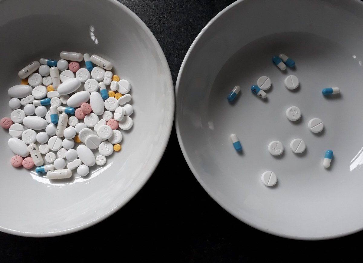 Colleague reduced medicines from 9 to 2 for a 92 year old. Patient was taking none of their meds due to concerns over side effects - now happy to take the essential ones.  Here's a week's worth before and after #deprescribing