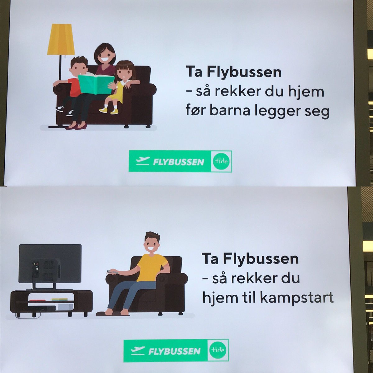 AreBrean's tweet photo. Flybussreklame på Flesland i dag: bilde av mann: «Ta flybussen, så rekker du kampen». Bilde av kvinne: «Ta flybussen -så rekker du å legge barna» Hvilket århundre er d hos @flybussen ? https://t.co/dpZVrgJcer