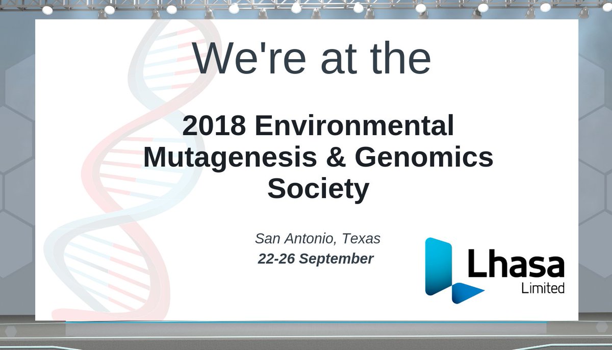 LhasaLimited's tweet photo. We're at the 2018 Environmental Mutagenesis & Genomics Society, in San Antonio, Texas, today until Wednesday. Account Manager Dr Brian Conn and Senior Scientist Dr Alex Cayley are in attendance. Find out more at: https://t.co/7hS2NIxjVa #EMGS #EMGS2018 #LhasaLimited https://t.co/TmqYltYrzJ