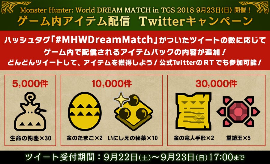 モンスターハンターワールド アイスボーン公式 Monster Hunter World Dream Match In Tgs18 9月23日 日 開催 ゲーム内アイテム配信twitterキャンペーン ハッシュタグ Mhwdreammatch がついたツイートの数に応じてゲーム内で配信されるアイテム