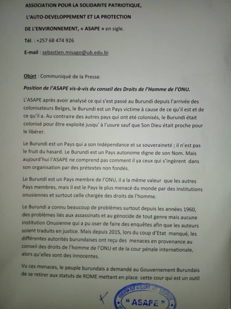 Ikiriho's tweet photo. L’OSC #ASAPE demande au @BurundiGov de «se retire le plus tôt possible de @UNHumanRights et de fermer définitivement son Office sis à #Bujumbura», soulignant que «la question des DH au #Burundi incombe principalement aux institutions et OSC locales» https://t.co/b8H9VYwo1w