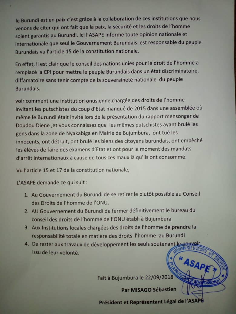 Ikiriho's tweet photo. L’OSC #ASAPE demande au @BurundiGov de «se retire le plus tôt possible de @UNHumanRights et de fermer définitivement son Office sis à #Bujumbura», soulignant que «la question des DH au #Burundi incombe principalement aux institutions et OSC locales» https://t.co/b8H9VYwo1w