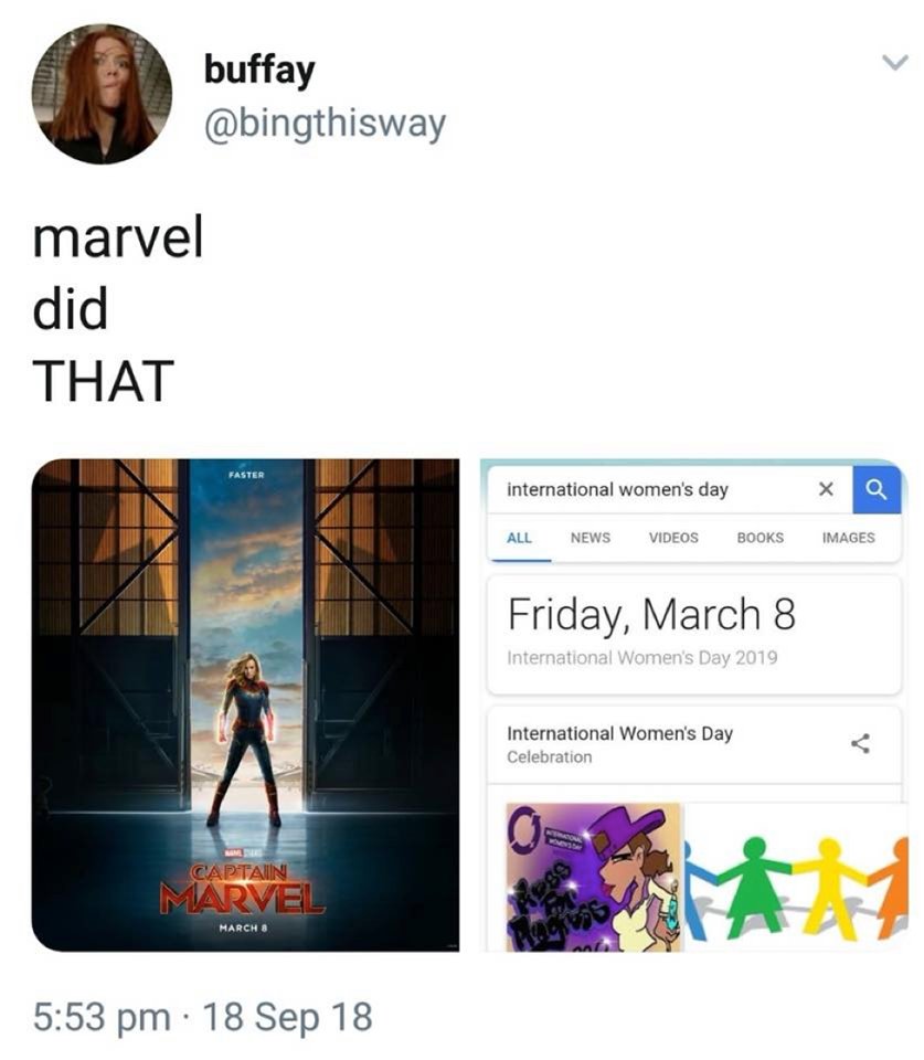 Thai_SuperHero's tweet photo. หรือนี่คือสาเหตุที่ Marvel เลือกวันฉายหนัง Captain​ Marvel วันที่ 8 มีนาคม 

โดยวันที่ 8 มีนาคม เป็นวันสตรี​สากล​นั่นเองง https://t.co/rrOEJDAq0K