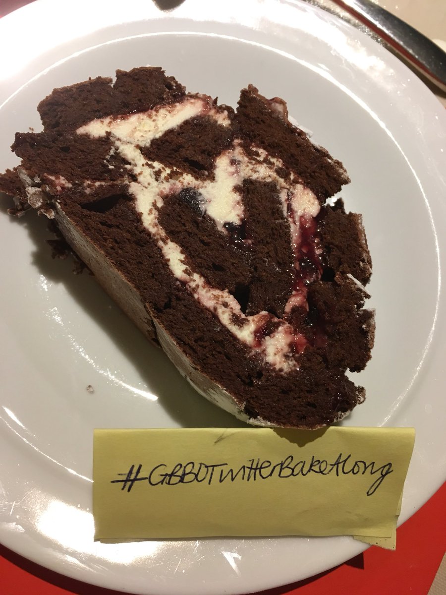 Lizwell4's tweet photo. Mary Berry’s chocolate roulade with added cherry compote for #gbbotwitterbakealong The roll looked good to start then turned into a heart! ❤️😂 @thebakingnanna1 @Rob_C_Allen https://t.co/BKEOBzOHZq
