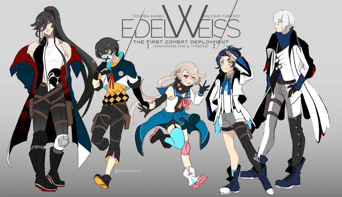 Kanlamari's tweet photo. My redesigns of the toudans for @tkrbzine's Hanazakari zine! I really had fun doing these. My favorite is Ima's and Hori's. I wish to draw more toudans in these kind of clothing! https://t.co/L9O30xIrq7