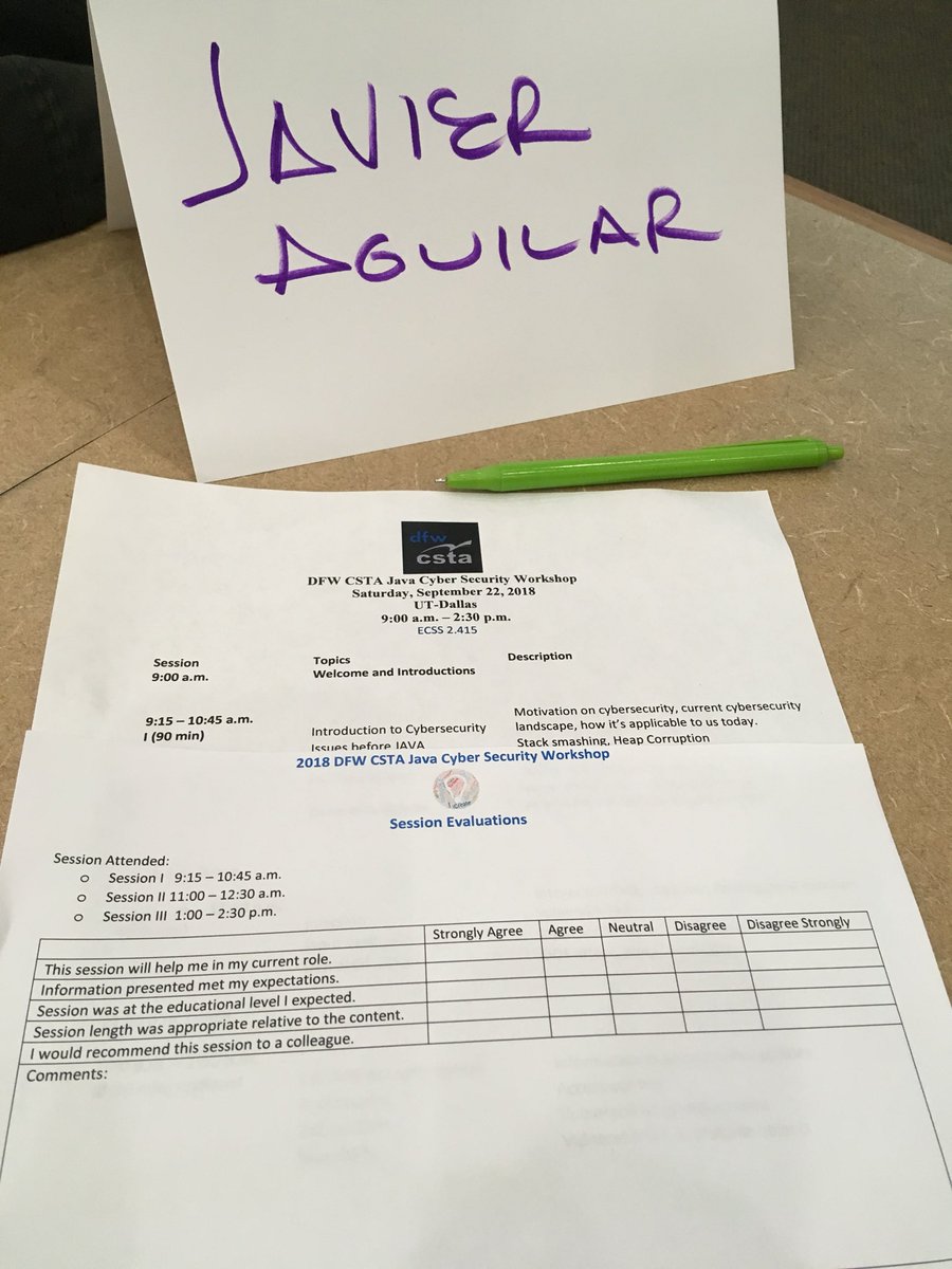 javierfaguilar's tweet photo. Ready today to learn more about Java Cyber Security Workshop - thank you to @csta #dfwcsta @googleforedu @dan_blier @UT_Dallas Additionally, Networking with a great educators interchanging knowledge & resources https://t.co/XsAvltmyqz