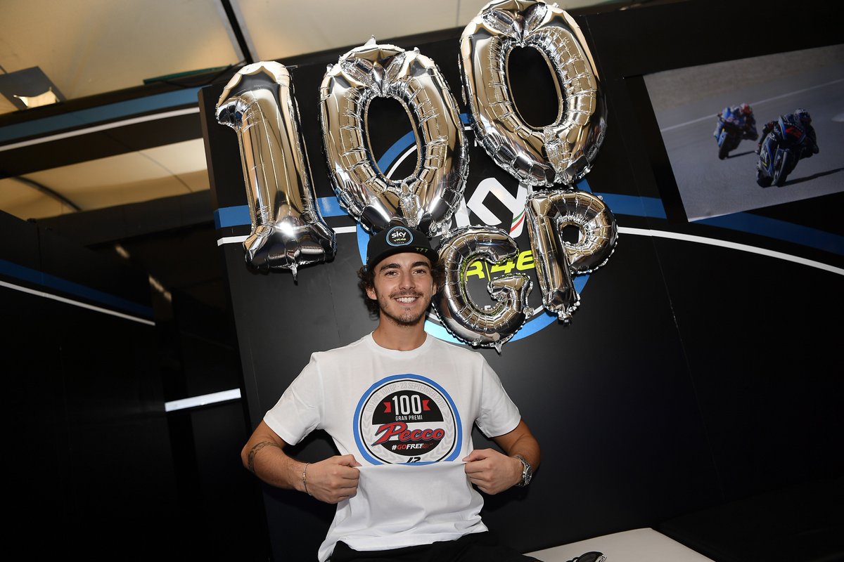 MotoGP's tweet photo. Ton up club 🎂

#Moto2 Championship leader @PeccoBagnaia will start his 100th Grand Prix race tomorrow at the #AragonGP 🎈 https://t.co/oEMkb0QEc5