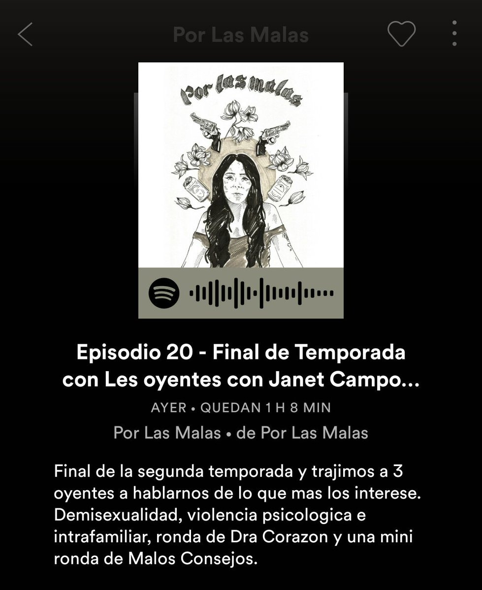 Si quieren aprender sobre feminismo y temas relacionados escuchen este podcast llamado Por Las Malas (está en Spotify). Este episodio es especial además porque <a href="/janet_campos/">Janet Campos</a> está de invitada y es demasiado chiva escucharla :)
open.spotify.com/show/3mC2LHduo…