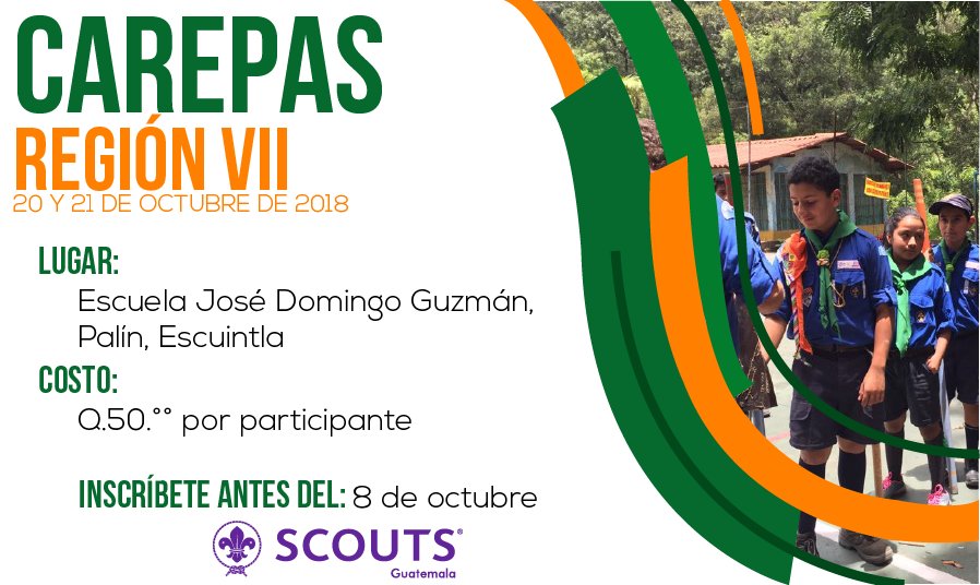 scoutsguatemala's tweet photo. ¡Atención Escuintla!
Este 20 y 21 de Octubre se llevará a cabo el #CAREPAS para tu región.
Inscríbete antes del: Lunes 8 de Octubre 2018
Más información en el siguiente enlace: https://t.co/7VXIZBBmsq
¡Participa! https://t.co/embjs6fhRS