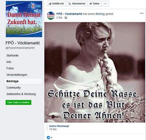 Lotuslander1000's tweet image. Far-right FPÖ is part of Austrian gov't due to PR. Under FPTP? Would be small fringe party based upon constituency elxn results. Recently an FPÖ local branch posted this on Facebook. It's in their DNA:

"Protect your race, it's the blood of your ancestors."
#NoBCProRep #BCPoli