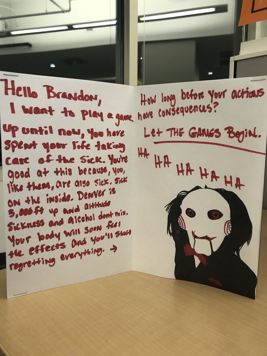 Auzlee's tweet photo. My buddy (he’s a nurse) and I are in Denver for his birthday. I made him this card to celebrate his impending doom ☠️ https://t.co/UO6evz5nna