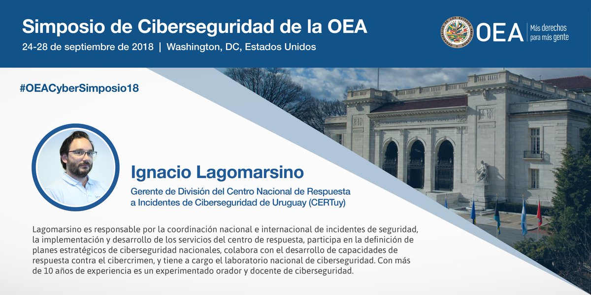 ¿Cómo gestionar eficientemente los incidentes cibernéticos? Ignacio Lagomarsino (<a href="/ilagomarsino/">Ignacio Lagomarsino</a>), de <a href="/certuy/">CERTuy</a>, aportará la experiencia desde el #CSIRT de #Uruguay 🇺🇾, durante el Simposio de #Ciberseguridad de la <a href="/OEA_oficial/">OEA</a> la próxima semana. Síguelo en 👉 #OEACyberSimposio18