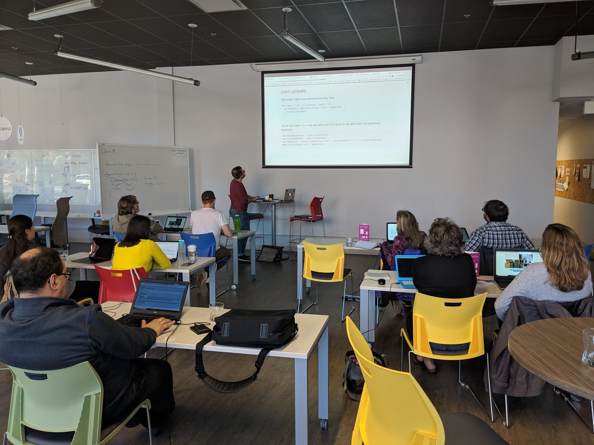 learningcodeyyg's tweet image. One hour left and rolling into stretch goals! What is "this"? Event listeners? Our learners are about to find out! #llcCodeDay