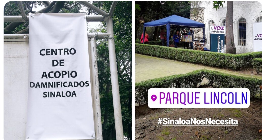 Hay un centro de acopio a un lado de <a href="/ComedorJacinta/">Jacinta</a> en el parque Lincoln para nuestros hermanos de #sinaloa quien traiga algo, le regalamos un tequilita ... en @PolancoDFmx