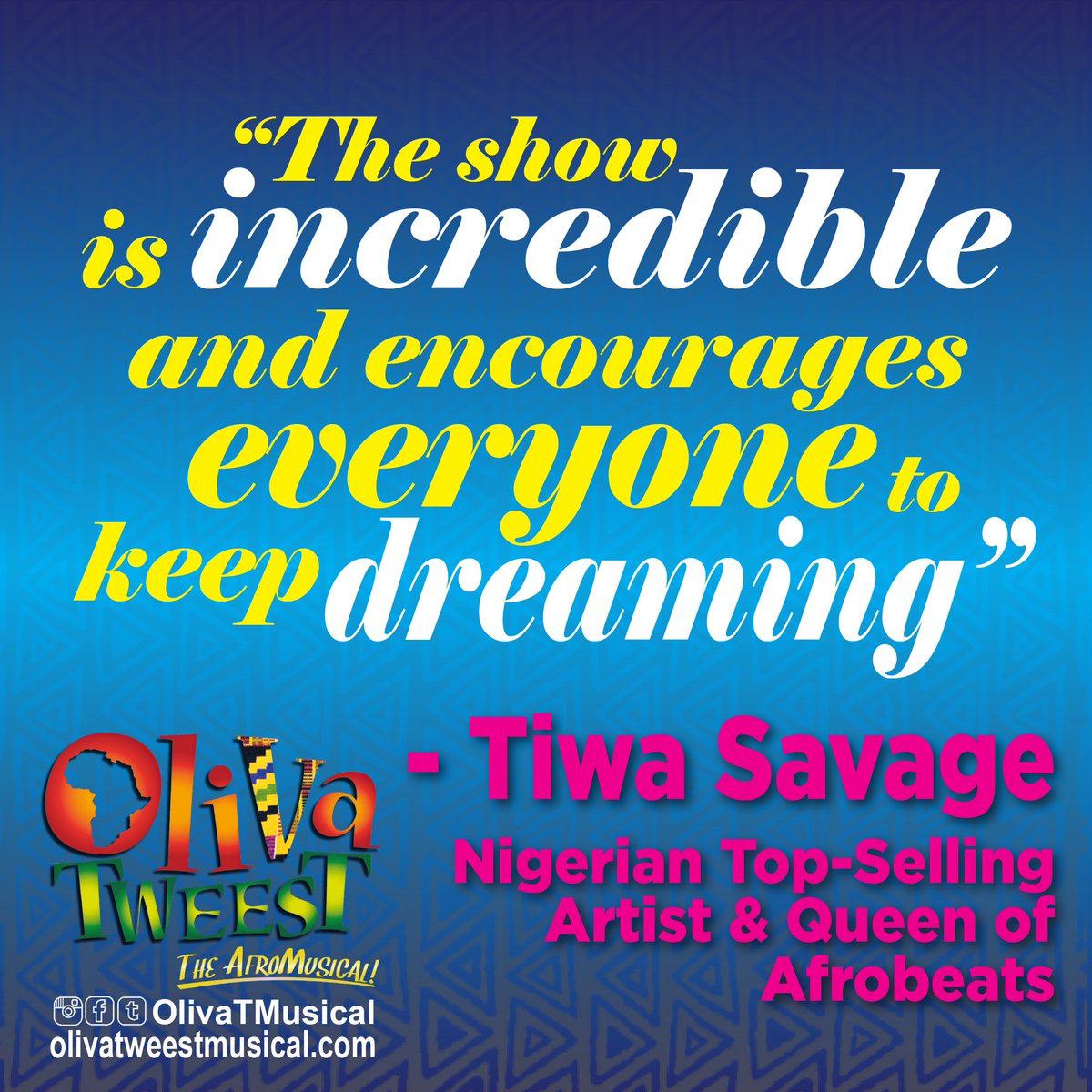 OlivaTMusical's tweet photo. Here’s what the Queen of #Afrobeats @TiwaSavage had to say when catching up with producer @pureyinkz about her thoughts of the musical when she saw it.
Get your adv. tickets now at: https://t.co/m0DhhblSVB
#OlivaTweest #DontGetItTweested #fromthewestend #BlackBritishTheatre https://t.co/E1TUNx6XGB