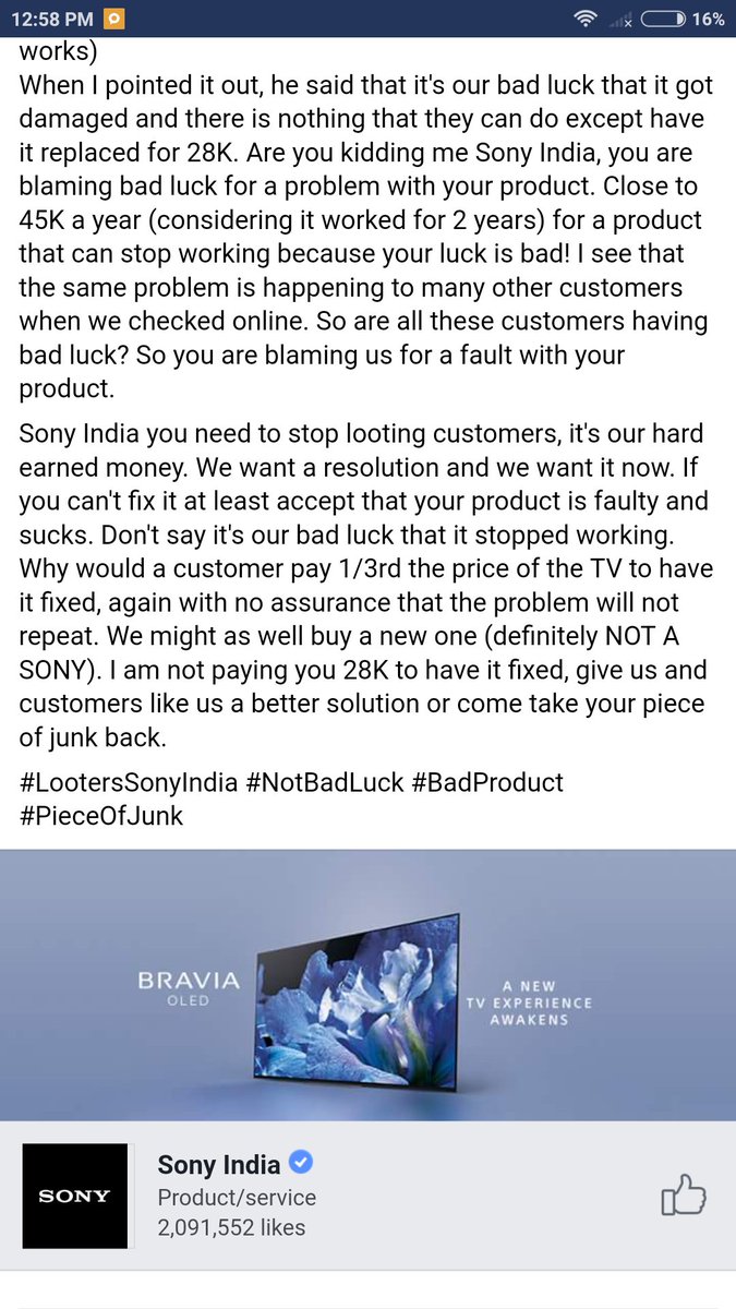 BoycottSonyInd's tweet photo. @consumerforum_ #NoBrand @sony_india @SonyElectronics

They are just cheating customers by selling TVs that have manufacturing defects. 

#BoycottSonyIndia #ShameSonyIndia #worstproduct #SonyIndiaCheaters #YourProductsSucks #NotBadLuck #TakeYourJunkBack https://t.co/yh9bwz53Bs