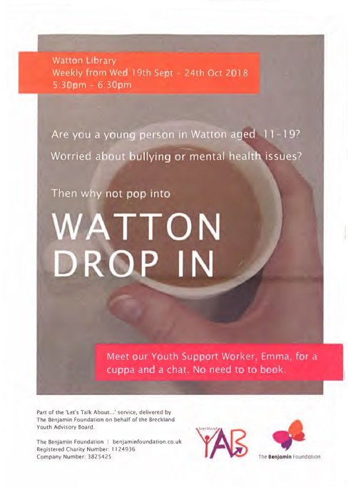 Wattonlib's tweet image. RT @WattonLibrary: Are you a young person in Watton aged 11-19?  Worried about bullying or mental health issues? Then why not pop into Watton Library and meet our Youth Support worker for a chat and cuppa #letstalkabout @BENJAMINTRUST @BrecklandYAB