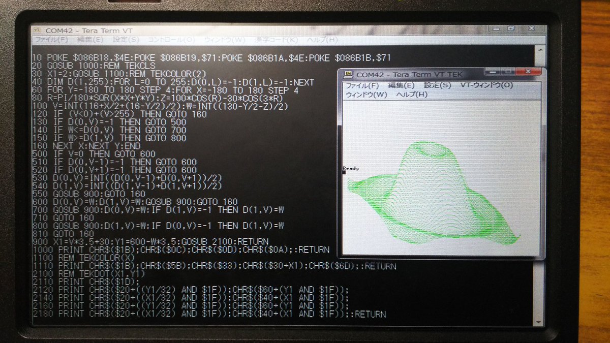yanatoku's tweet photo. 68Katy EhBasicでTeraTerm TEK4010端末エミュレーションを使って3DCGして見た。
かかった時間は５分18秒、ちなみにMZ-2000では11分43秒。 https://t.co/wif4ftlC9m