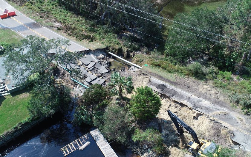NCDOT's tweet photo. ⚠️ Washout is what happens when floodwaters damage a roadway like this one in @CityofWilm. DO NOT go around barricades! They are there to keep you safe. Travel is not advised in southeastern NC. #FlorenceNC https://t.co/BGJiMOUvNE