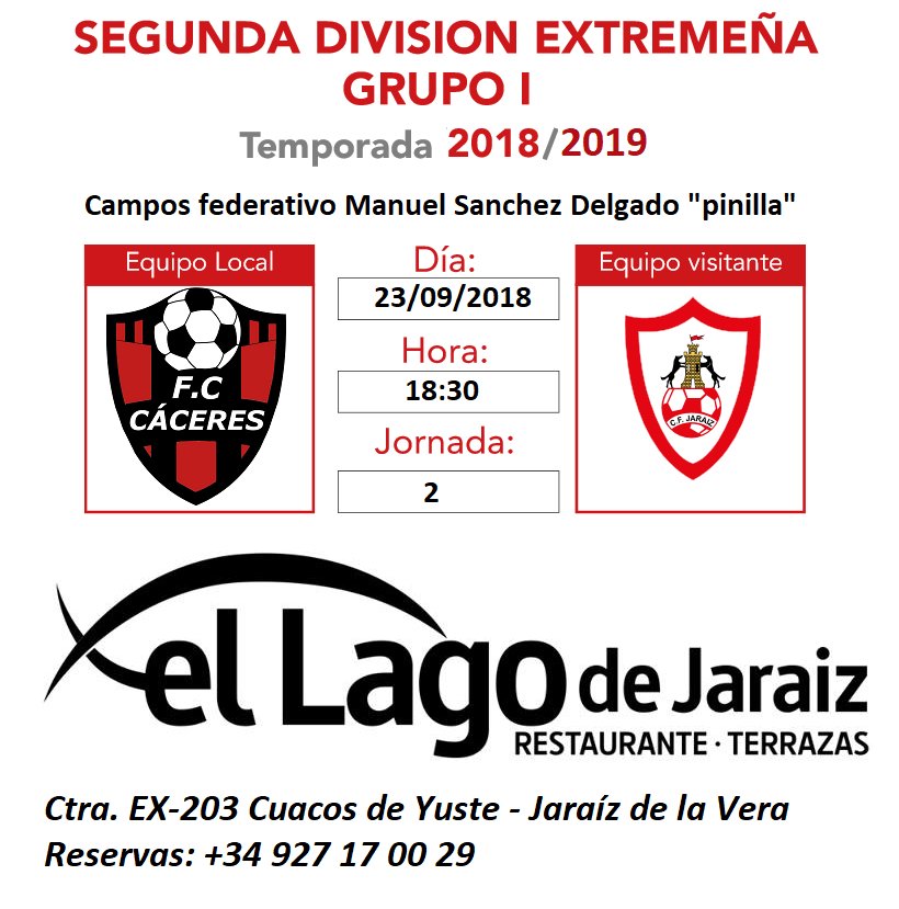 cfjaraiz's tweet photo. Agenda deportiva Club de Fútbol Jaraíz
Segunda Jornada de la Segunda División Extremeña | Grupo I
📆 Domingo 23/09/2018
🕗 18:30 Horas
🏟️ Federativo Manuel Sanchez Delgado
🆚 @caceres_club vs @cfjaraiz
#prendavenalfutbol #pimentoneros #TodoAlRojo https://t.co/dlbctP6oYs