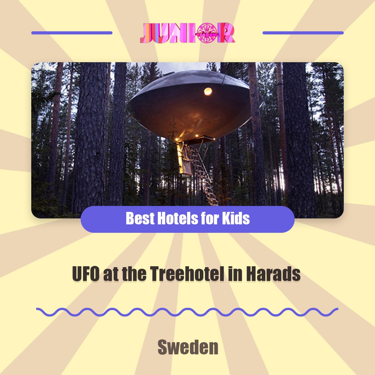 StarrinJunior's tweet photo. #BestHotelForKids  Kids are immediately transported to space in this out-of-this-world tree house in the woods. Fashioned as a UFO, the intergalactic suite has a living room, in-room bathroom &amp; two large separate beds. #StarrinJunior #HarnessTheHappy #UFOHotel #Treehouse #Family https://t.co/cisaJ5j9EL
