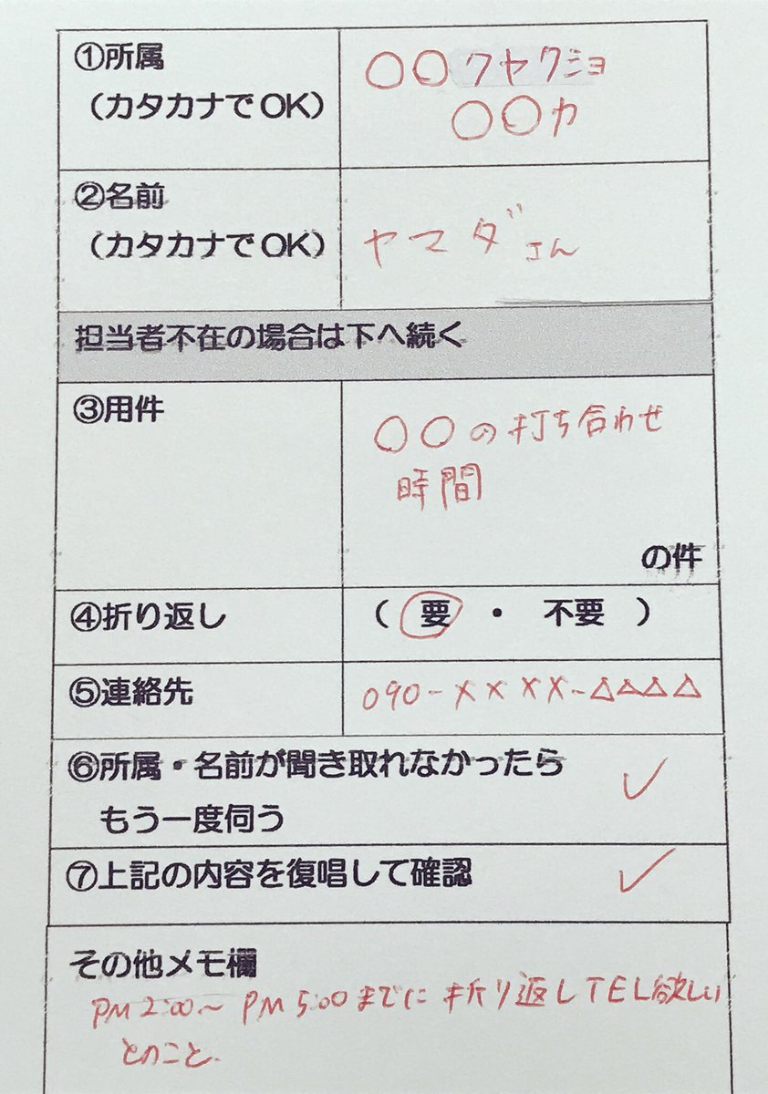 ぽっと 2y Pa Twitter この前ツイートした電話対応の苦難 笑 自己支援的なツール作るの好きだから こういうメモ用紙作ってみた 電話の近くにこういう用紙置いてあると 少し落ち着いて電話対応できるかしら どうじゃろう 今度使ってみようかな