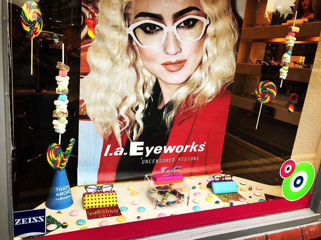 We love how sweet our new @laeyeworks frames look in our window. With beautiful, vibrant colours, how could you say no?🍭