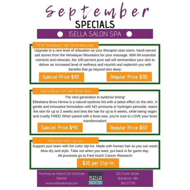 IsellaSalonSpa's tweet photo. #septemberspecials #isellasalonspa #downtownbremerton #shoplocal #supportsmallbusiness #haircut #haircolor #salonlife #spalife #aveda #avedacolor #pulpriot #brazilianblowout #coola #dermaplaning #xo8 #rezenerate #anteage #phibrows #makeupobsessed #skinc… https://t.co/TyWwKAbhaf https://t.co/KGzychzeC3