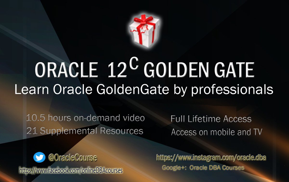 OracleCourse's tweet photo. Take your gift coupons before ending
Unlimited access full online courses
Oracle 12c GoldenGate configuration
From140$ to21$ ,85%off
a coupon is:
https://t.co/k29t0TQ8lK
#RMAN #BigData #DataWarehousing #CIO #CXO #innovation #asm
#chatbots #podcast #Sanofi #TIBCOIntegration https://t.co/SCEMqVIp4Y