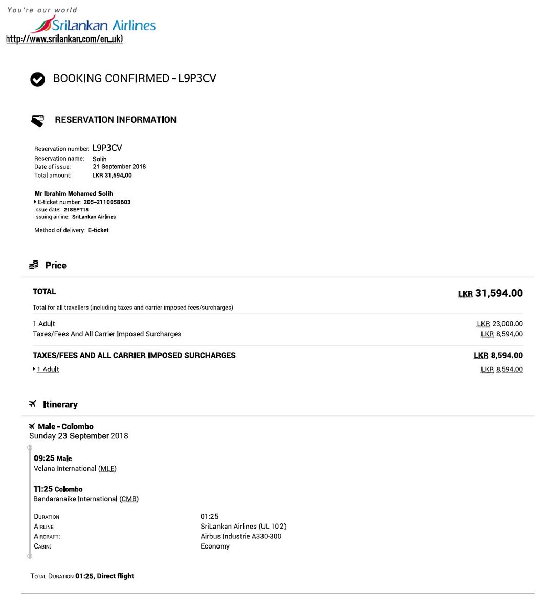 Maldivesmonitor's tweet photo. #Breakingnews: MDP's candidate @ibusolih is planning to leave the country tomorrow morning. Clearly he has no hope of winning. Attached is a copy of his ticket booking. https://t.co/LvT40FLuAC