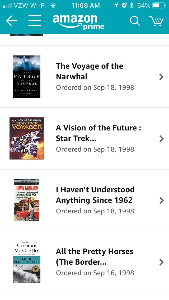 NES_Professor's tweet photo. I just discovered that I have been an @amazon customer for over two decades. It’s impressive that my very first orders, which I placed via a dial-up internet connection in 1998, show up in the app today. What was your first Amazon order? #MyFirstAmazonOrder https://t.co/7D05Pm7MVZ