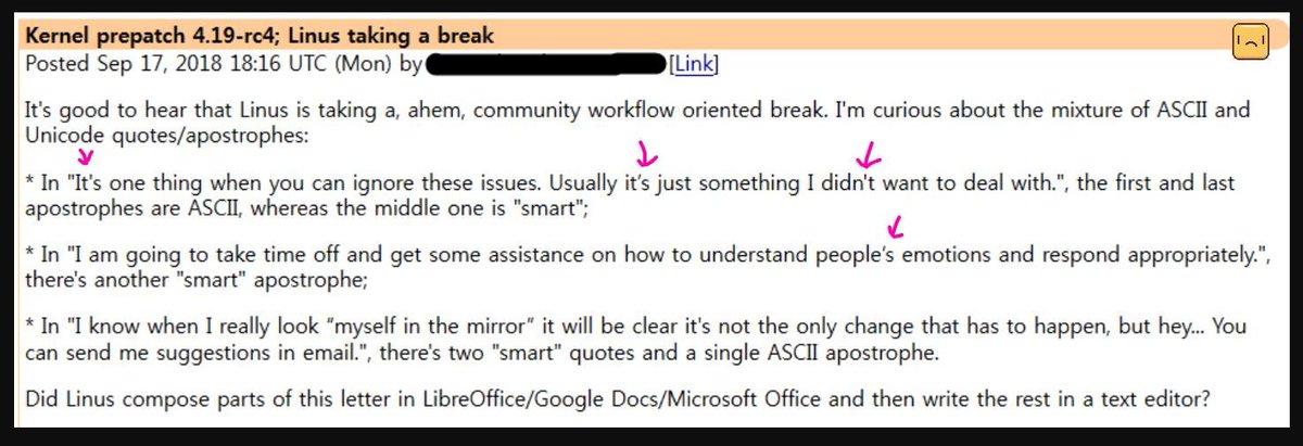 RaduBT's tweet photo. No one changes ASCII&Unicode for a tilda. It is called Duress Code, a covert distress signal used by an individual who is being coerced by one or more hostile persons. It is used to warn others that they are being forced to do something against their will. #FreeLINUS #linuxgate https://t.co/iUvMsRu9Zj