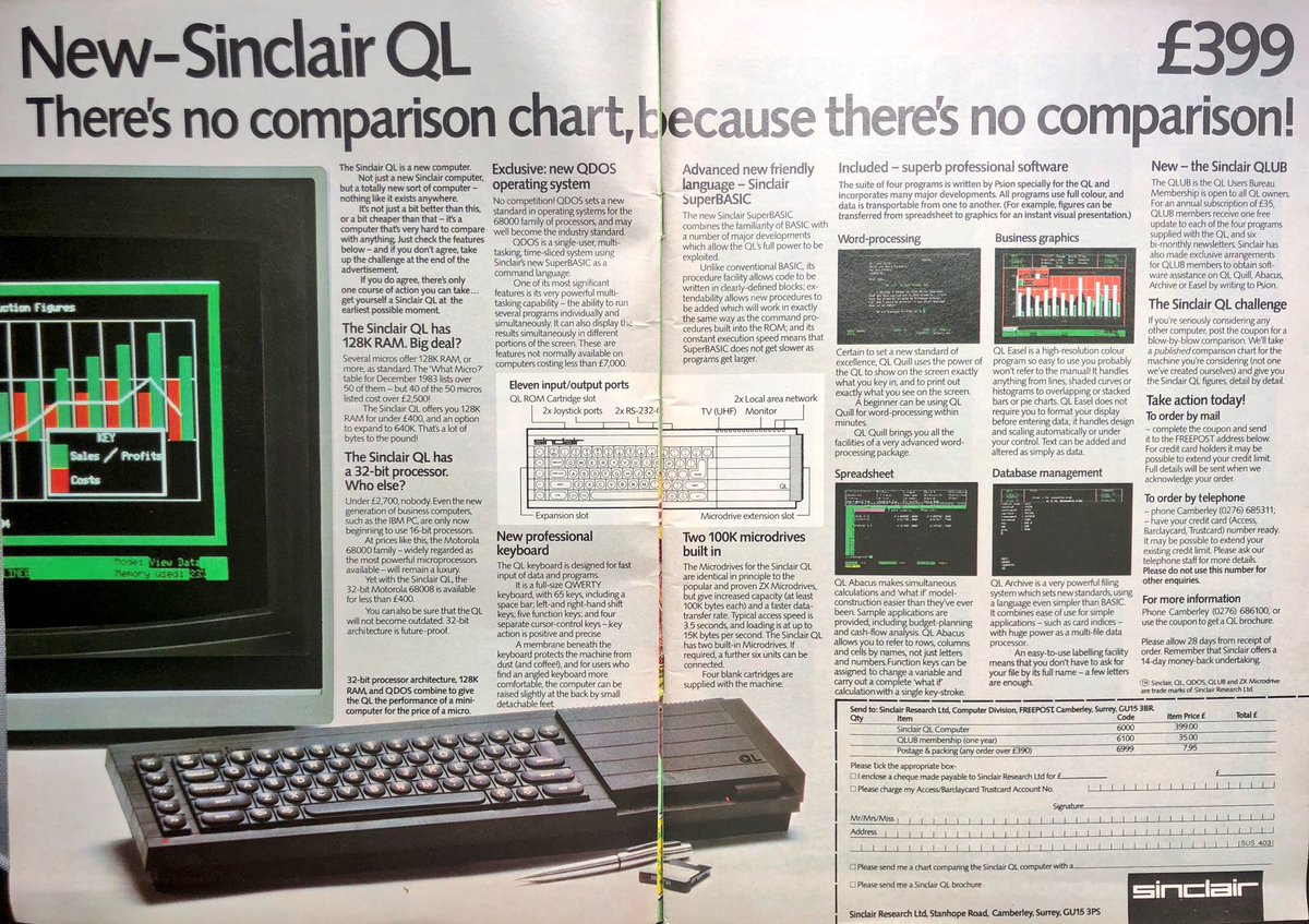 SWRetroComp's tweet image. It’s March 1984, and #Sinclair Research is pushing the new #SinclairQL to its hardcore audience of #ZXSpectrum and #ZX81 owners in this advert from Sinclair User magazine #RetroComputing #ComputerHistory #microdrive