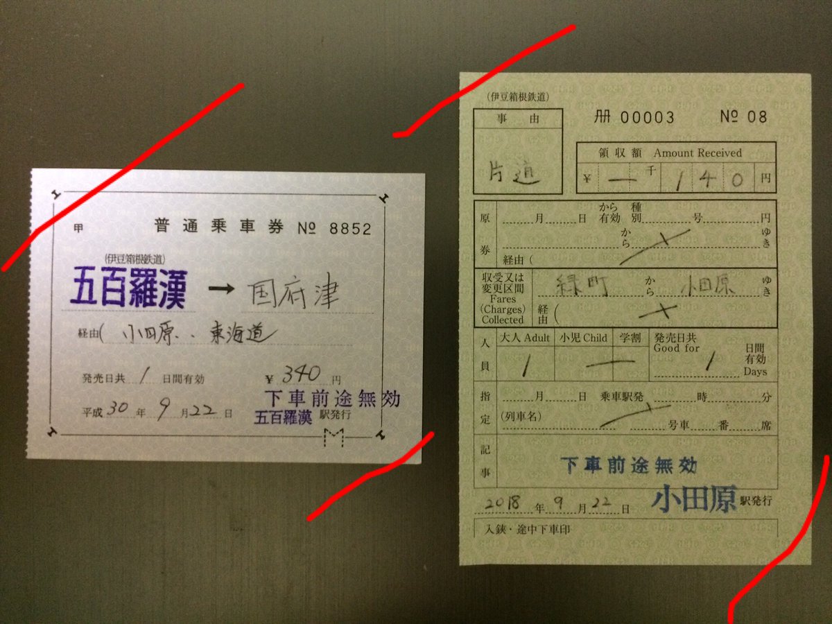 伊豆箱根鉄道大雄山線補充片道乗車券・出札補充券。補片はおそらく山口