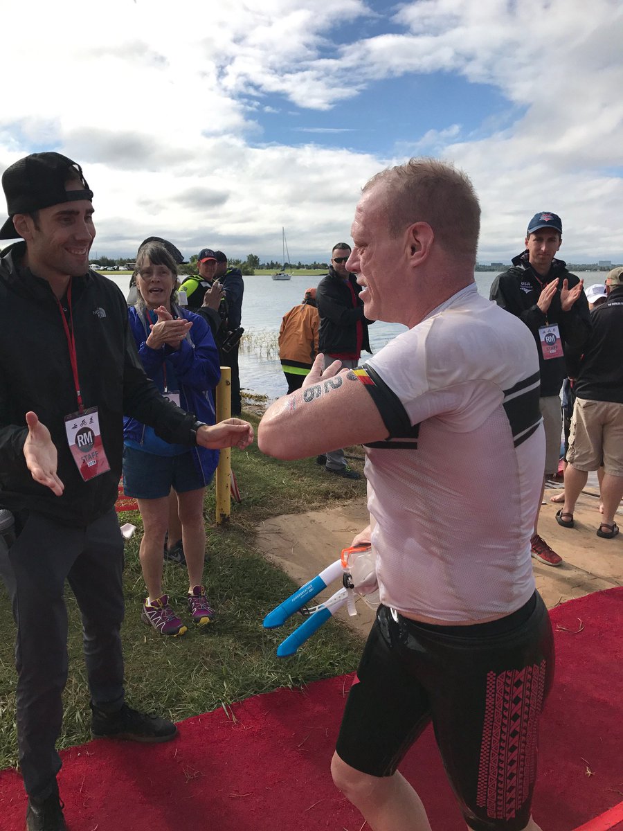 This is one of our athlete's who is taking on the FULL 140.6! Did we mention he has one lung?! He's finished the 2.4mi swim and is off on the bike course! Incredible and inspiring story! #triathlonmotivation